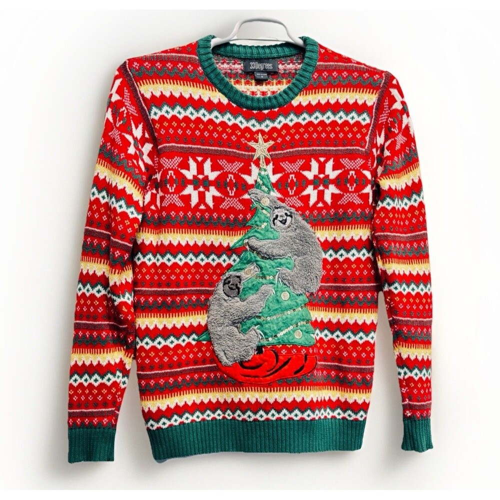 33 Degrees Blizzard Bay Unisex Ugly Sweater Sloths Christmas Tree Sz S Holiday